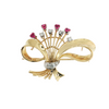 Estate 18kt Yellow Gold Retro Bow .24ctw Diamond .16ctw Rubies Brooch