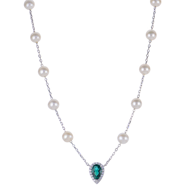 Sterling Silver Freshwater Cultured Pearls & Lab Emerald Necklace