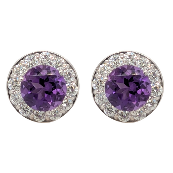 14K White Gold Amethyst Diamond Halo Birthstone Earrings