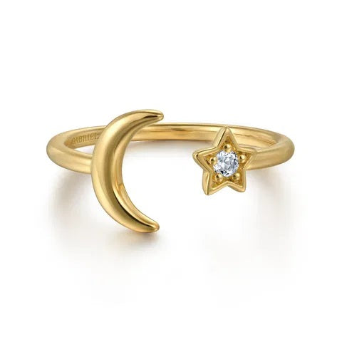 14K Yellow Gold White Sapphire Star & Moon Ring