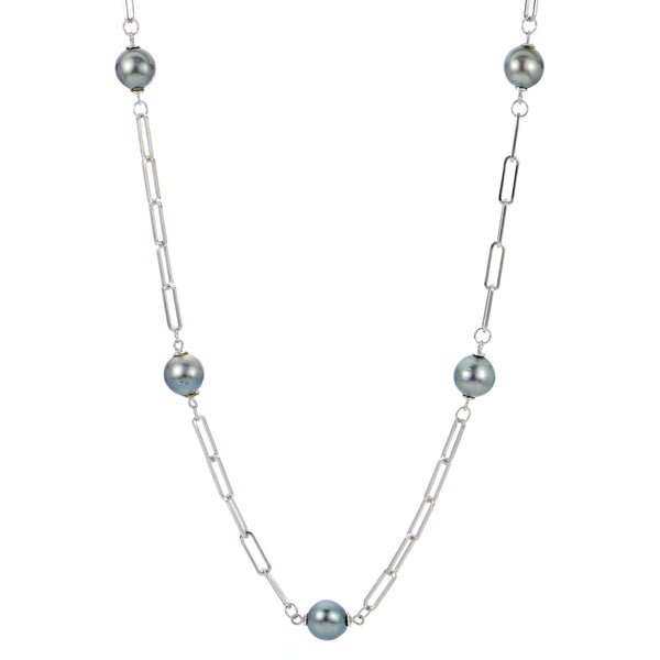 Sterling Silver Tahitian Pearl Paperclip Necklace