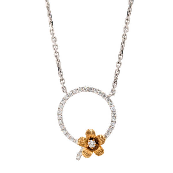 18K Two Tone Diamond Circle Flower Necklace
