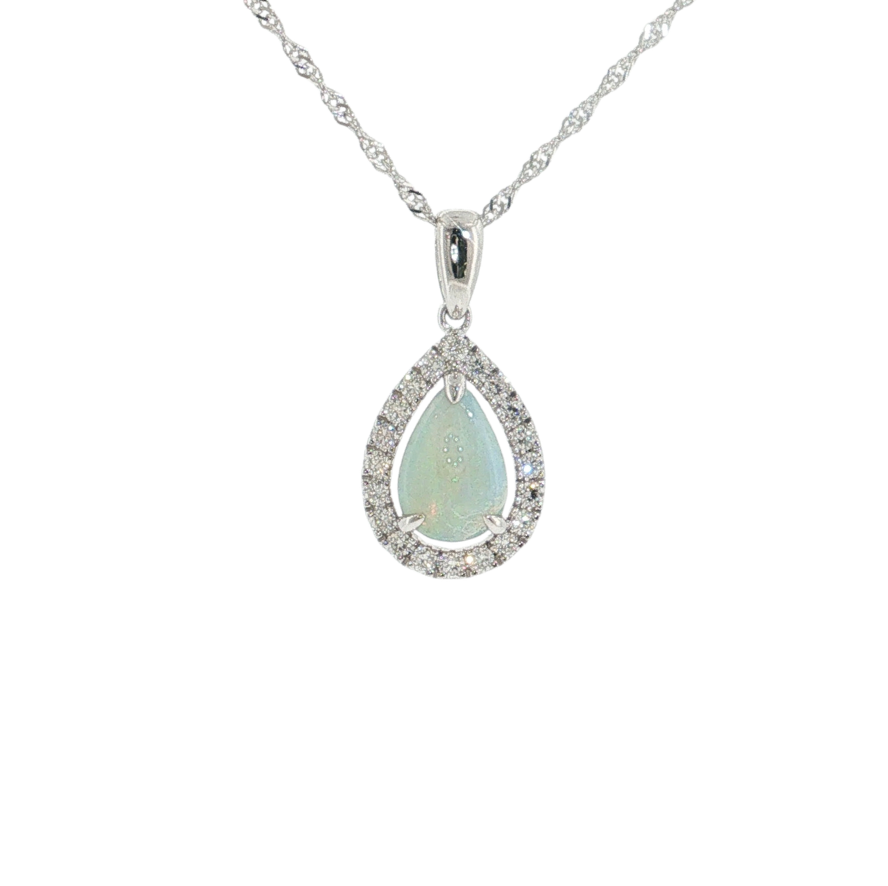 14K WG .87CT PEAR OPAL PENDANT 1MM SINGAPORE 18"