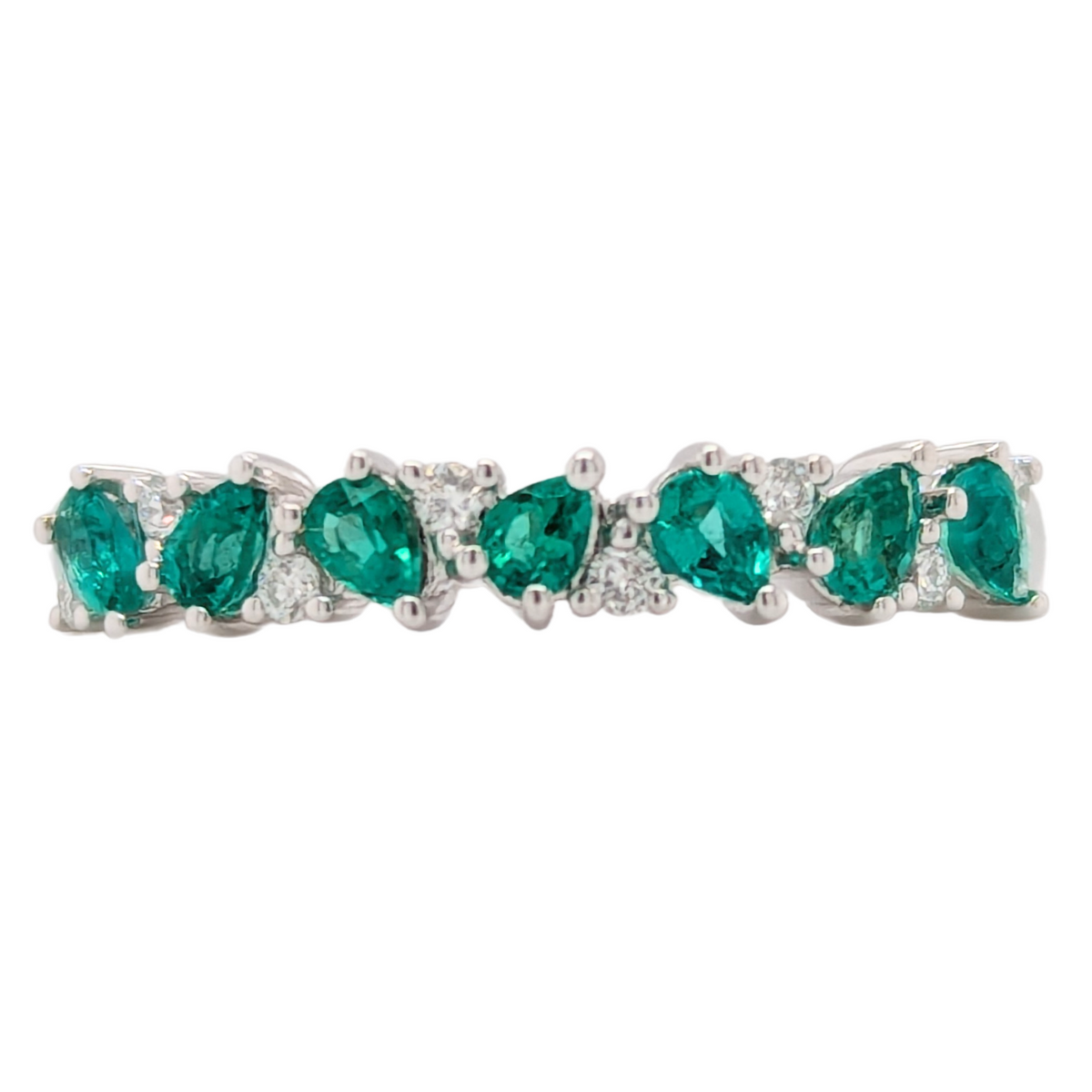 14K White Gold Pear Shape Emerald & Diamond Gemstone Ring