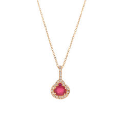 14K Yellow Gold Ruby Diamond Halo Petite Necklace