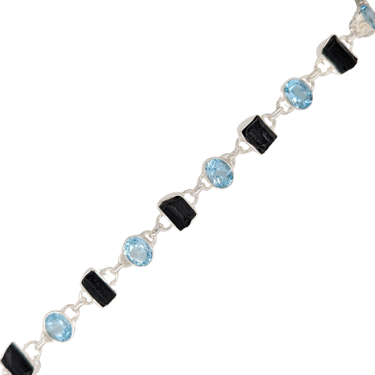 Sterling Silver Black Tourmaline & Blue Topaz Bracelet 8"