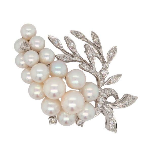Estate: 14K White Gold Pearl & Single Cut Diamond Brooch