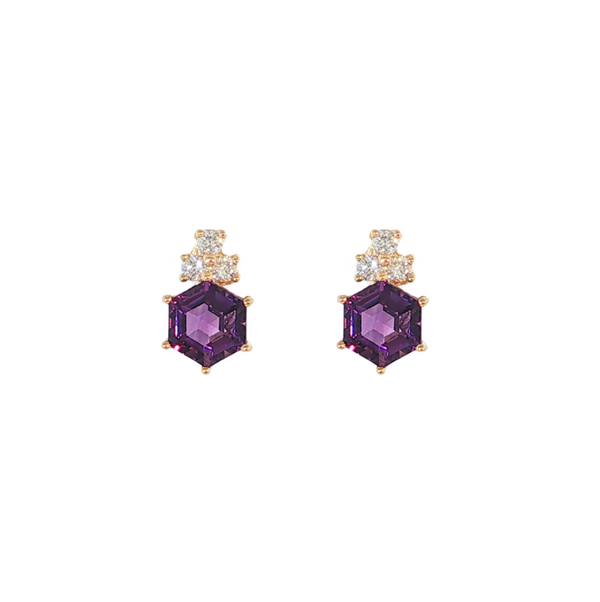 14kt Yellow Gold 1.84ctw Hexagon Amethyst .19ctw Diamond Studs.