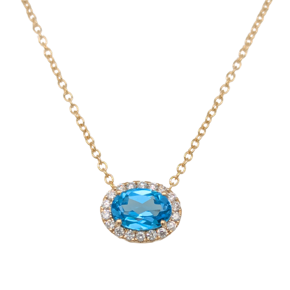 14K Gold Oval East-West Blue Topaz Diamond Halo Necklace