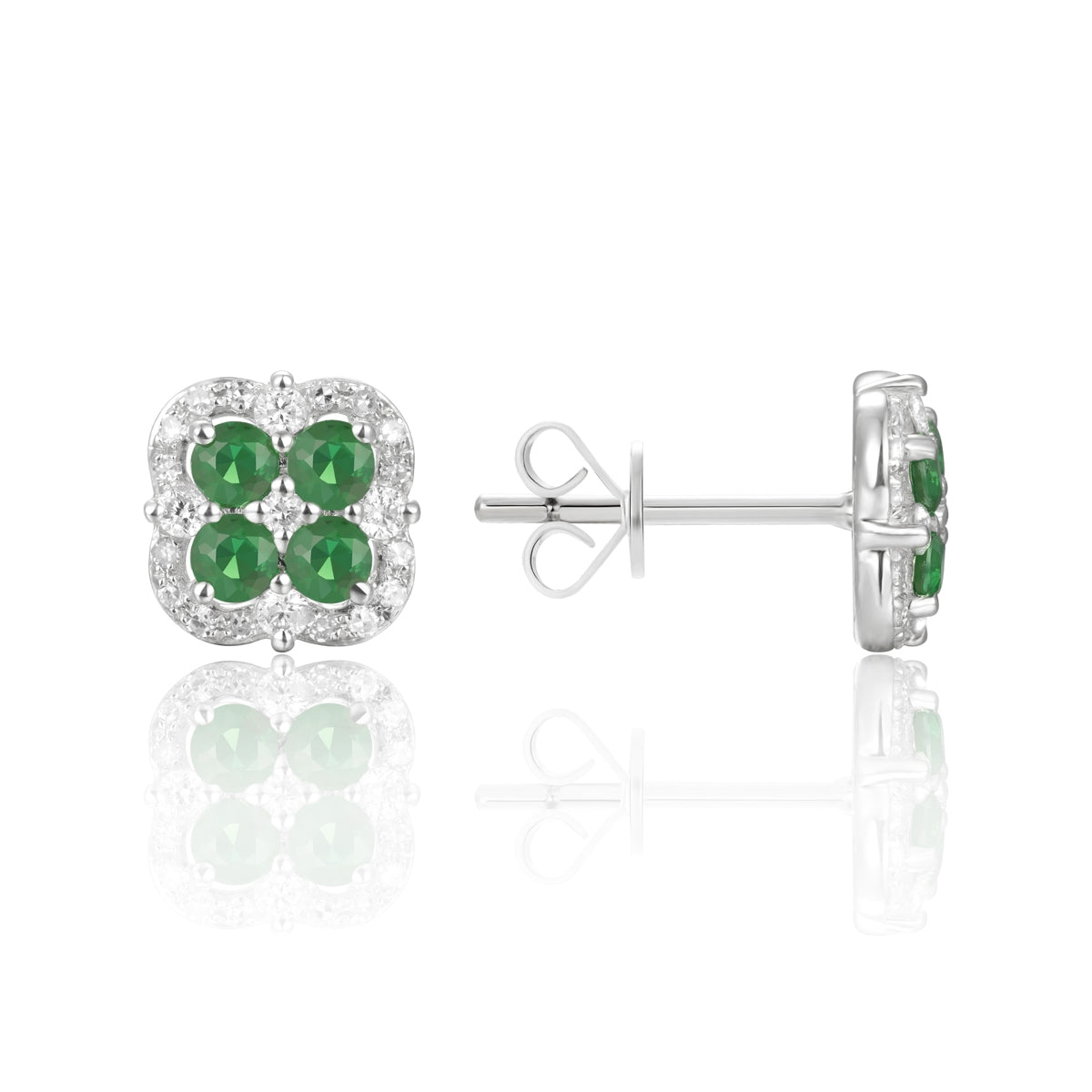 14K White Gold Emerald Clover Halo Studs