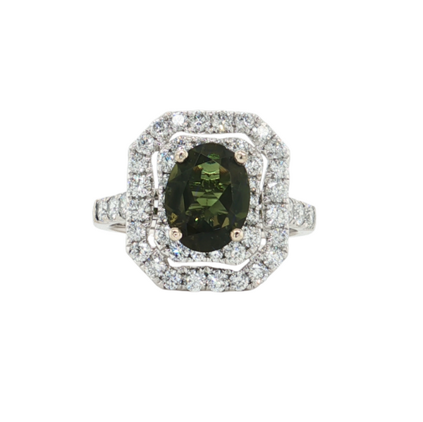 18kt White Gold 1.19ctw Double Diamond Halo Oval Tourmaline Ring