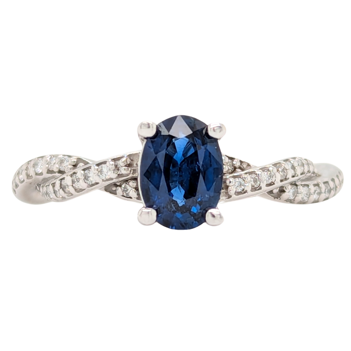 14K White Gold Oval Blue Sapphire Twisted Shank Ring with Diamonds