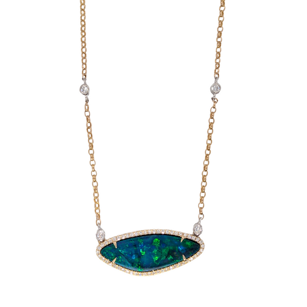 14K Two Tone Lightening Ridge Opal & Diamond Necklace