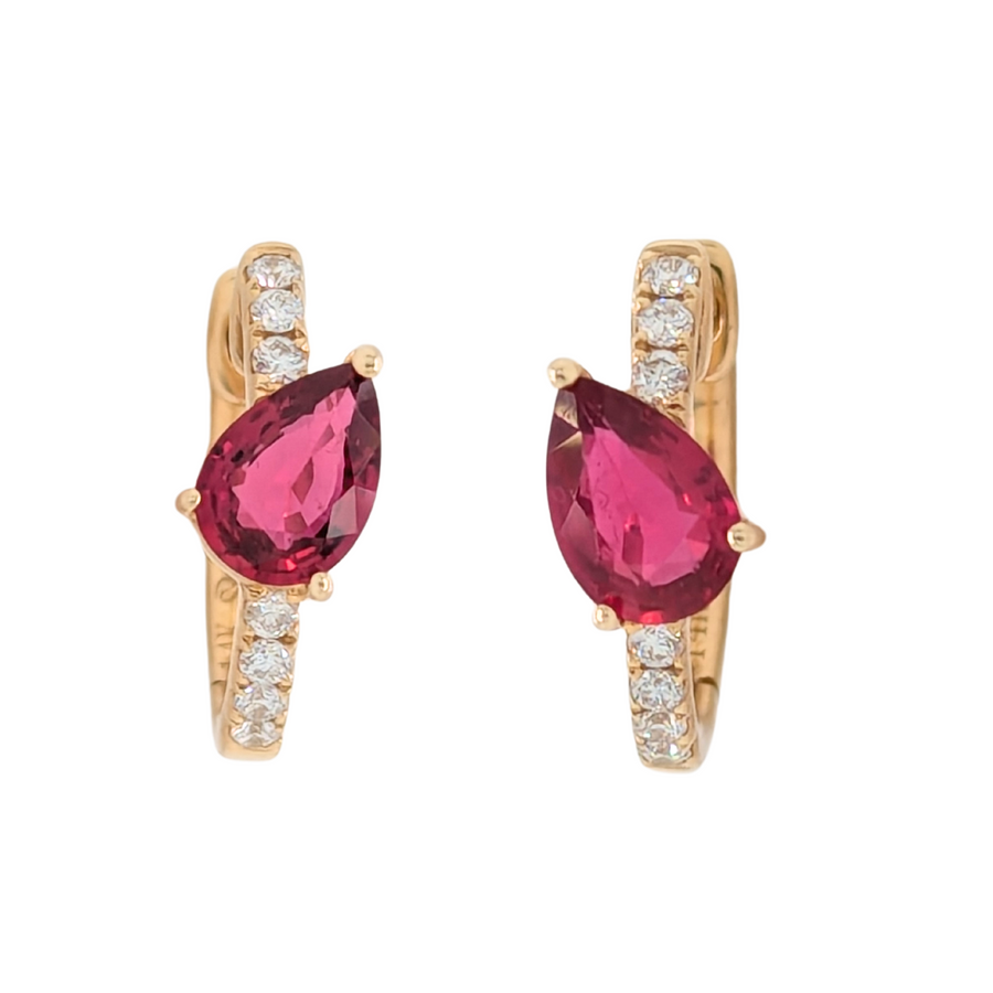 14K Yellow Gold Pear Shaped Ruby Huggie Earrings