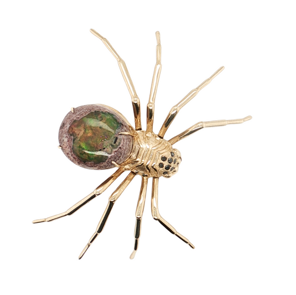 14kt Yellow Gold 3.08ct Mexican Fire Opal .04ctw Black Diamond Eyes Spider Brooch