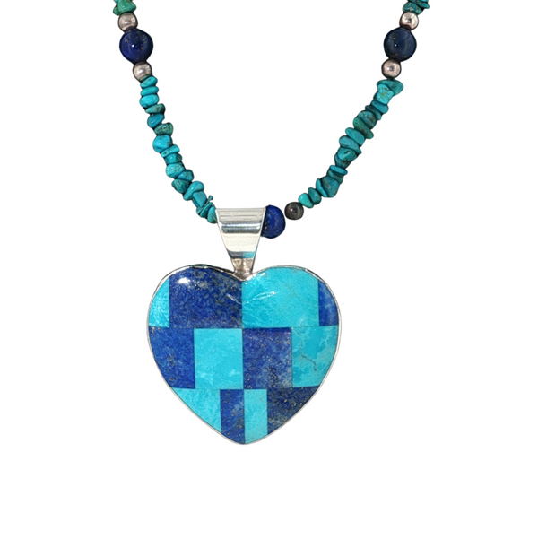 Estate Sterling Sliver Turquoise and Lapis Heart Necklace