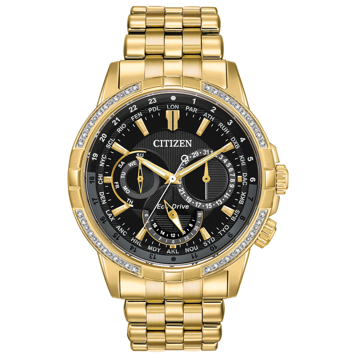 Citizen Eco Drive Calendrier Gold Tone Diamond Bezel Watch BU2082-56E