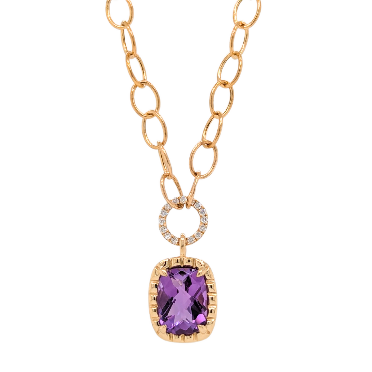 14K Yellow Gold Amethyst Chain Necklace with Diamonds