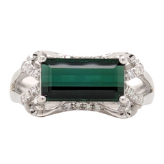 14K White Gold Elongated Green Tourmaline East-West Ring with Diamonds