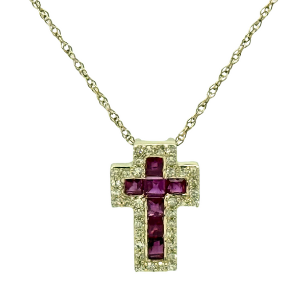 Estate 14kt Yellow Gold .60ctw Ruby Diamond Cross with Chain 18in