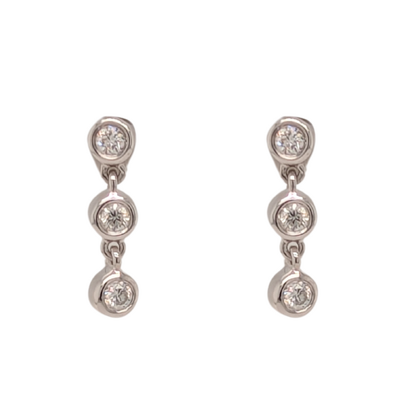 14K White Gold Three Diamond Bezel Dangle Earrings