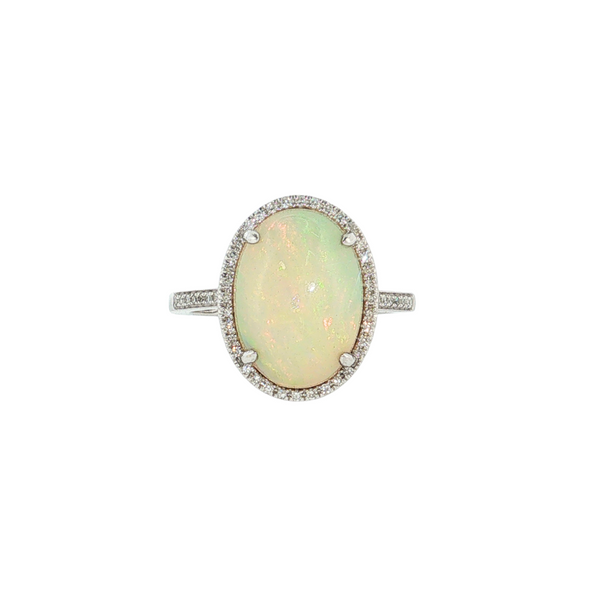 14K White Gold Opal Oval Halo Ring