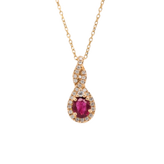14K Gold Oval Ruby with Diamond Pendant and Chain