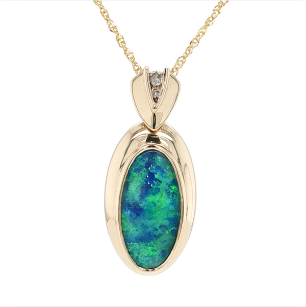Estate 14kt Yellow Gold Opal Doublet Diamond Pendant W/ 18in Twist Chain