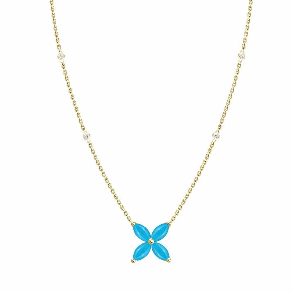 18K Yellow Gold Turquoise Flower Necklace