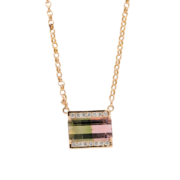 14K Gold Watermelon Tourmaline Necklace with Diamond Accents