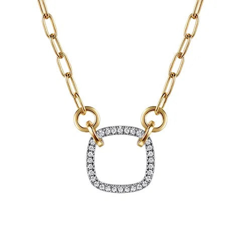 14K Two Tone Cushion Shape Diamond Necklace.