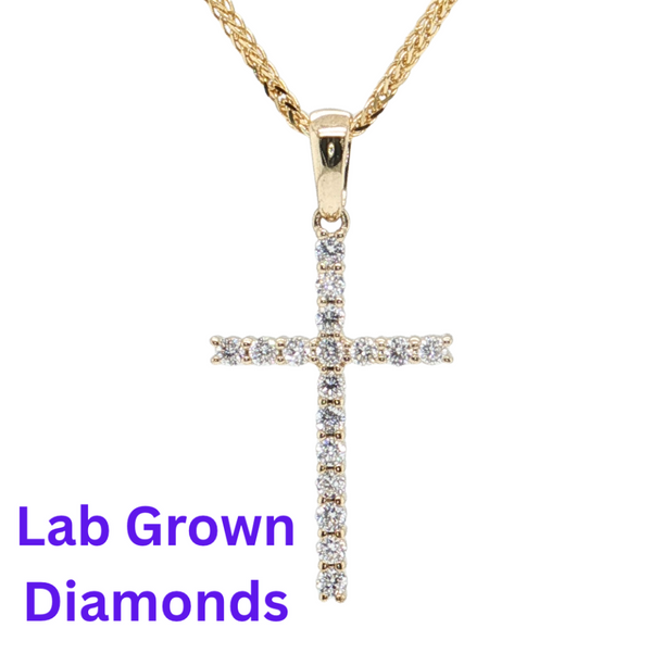 14kt Yellow Gold .21ctw F-G SI Lab Grown Diamond Cross 18in Cable Chain.