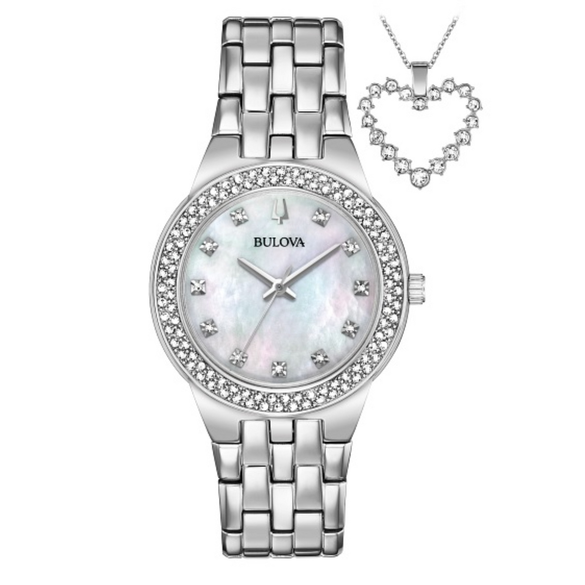 Bulova Crystal Stainless Mother of Pearl Watch with Matching Necklace 96X144