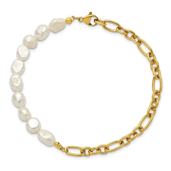 Stainless Steel Gold Plated Freshwater Pearl Bracelet 8.25in