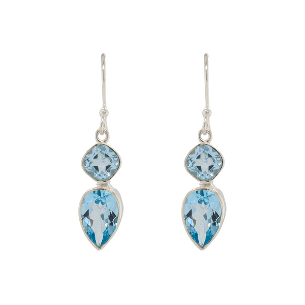 Sterling Silver Pear Shape & Cushion Blue Topaz Dangle Earrings