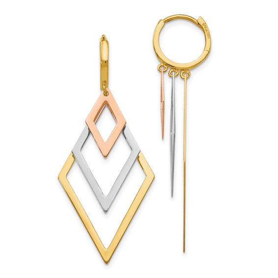 14K Tri-Tone Diamond Shape Dangle Earrings
