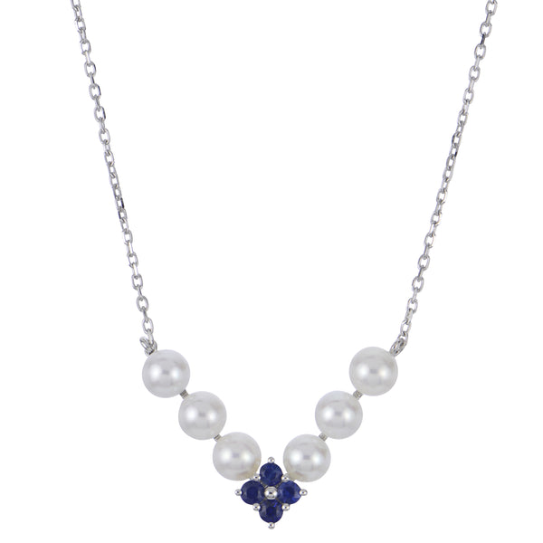 14K White Gold V Pearl & Sapphire Necklace