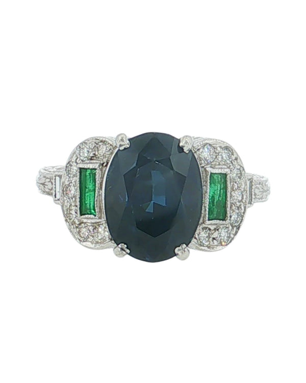 5.07ct Sapphire & .20ct Emerald & Diamond Platinum Ring