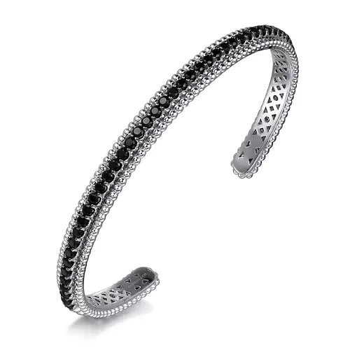Sterling Silver Black Spinel Bujukan Bead Cuff Bracelet.