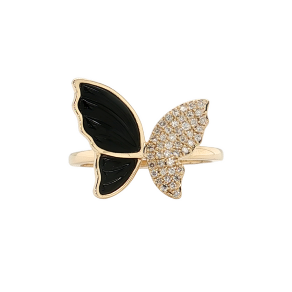 14kt Yellow Gold 1.05ctw Onyx .13ctw Diamond Butterfly Ring.