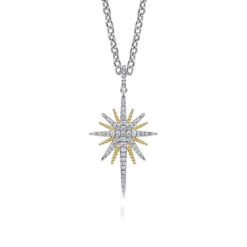 14K Yellow Gold and 925 Sterling Silver Bujukan White Sapphire Starburst Pendant Necklace
