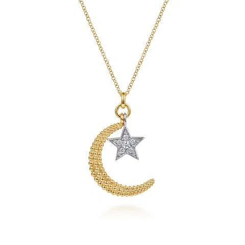 14K Two Tone Bujukan Moon & Star Necklace.