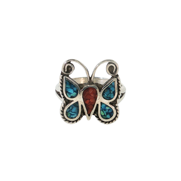 S/S TURQ/CORAL BUTTERFLY RING