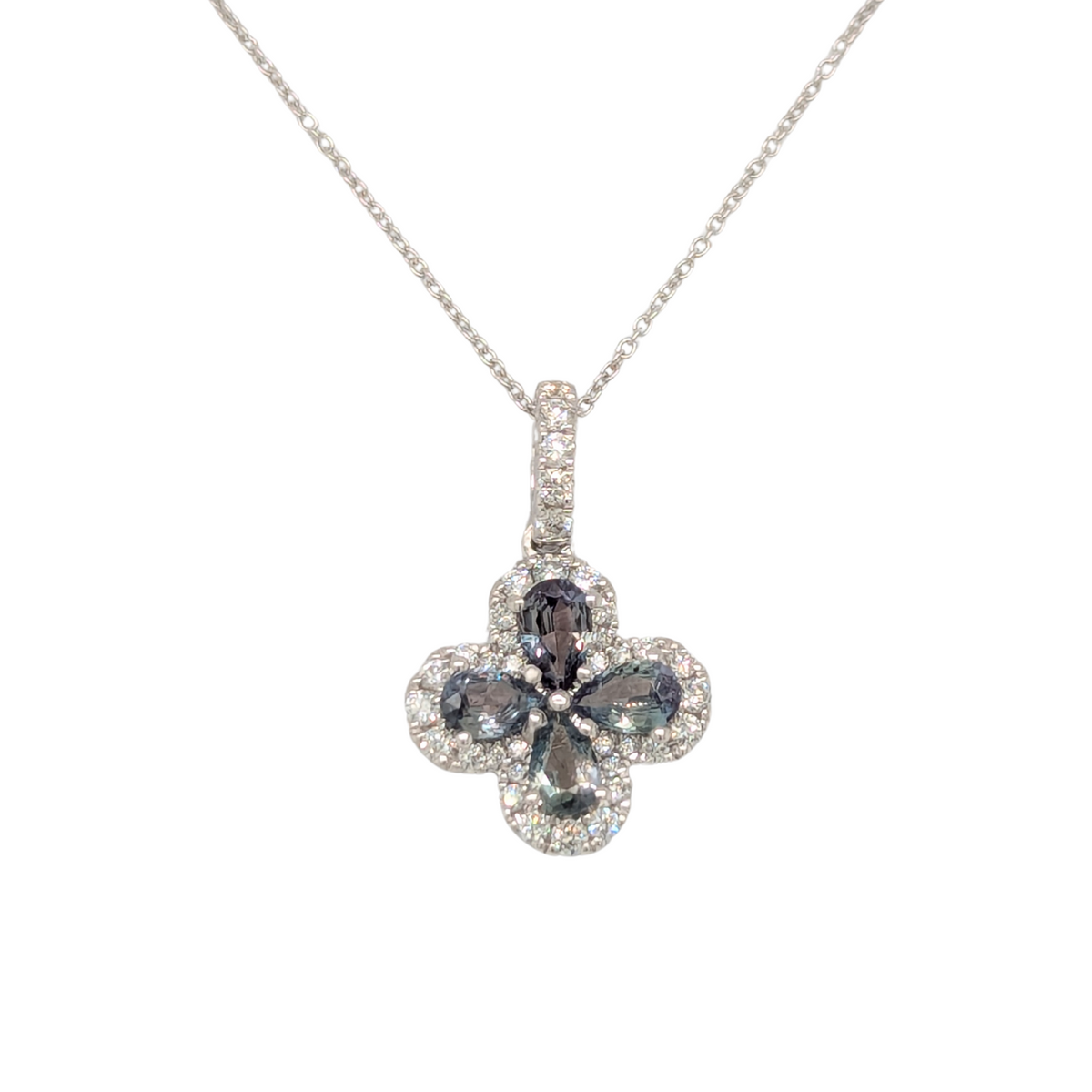 18K White Gold Alexandrite Flower Pendant with Chain