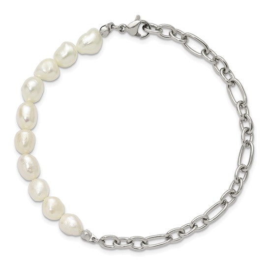 Stainless Steel Freshwater Cultured Pearl Bracelet 8.25in