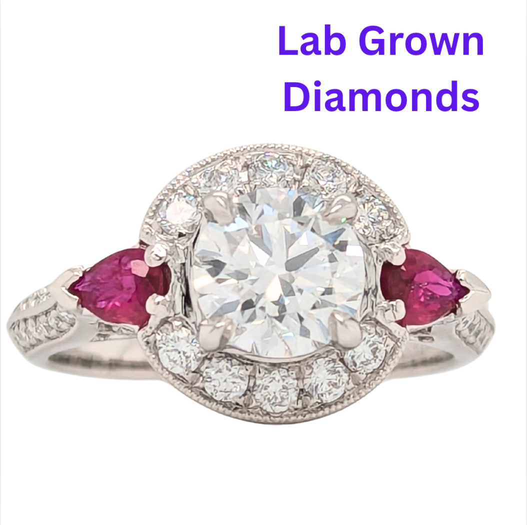 14K White Gold Lab Grown Diamond Center Engagement Ring with Pear Ruby Accents