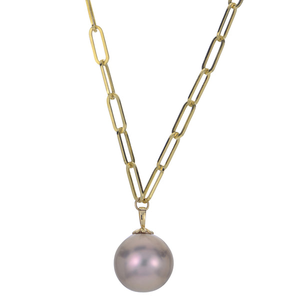 14K Yellow Gold Paperclip Windsor Pearl Necklace