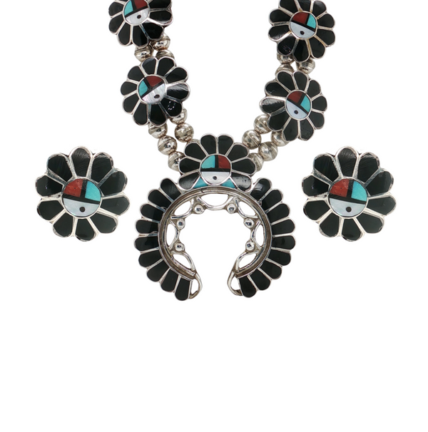Estate Sterling Sliver Zuni Sunface Squash Blossom with Earrings