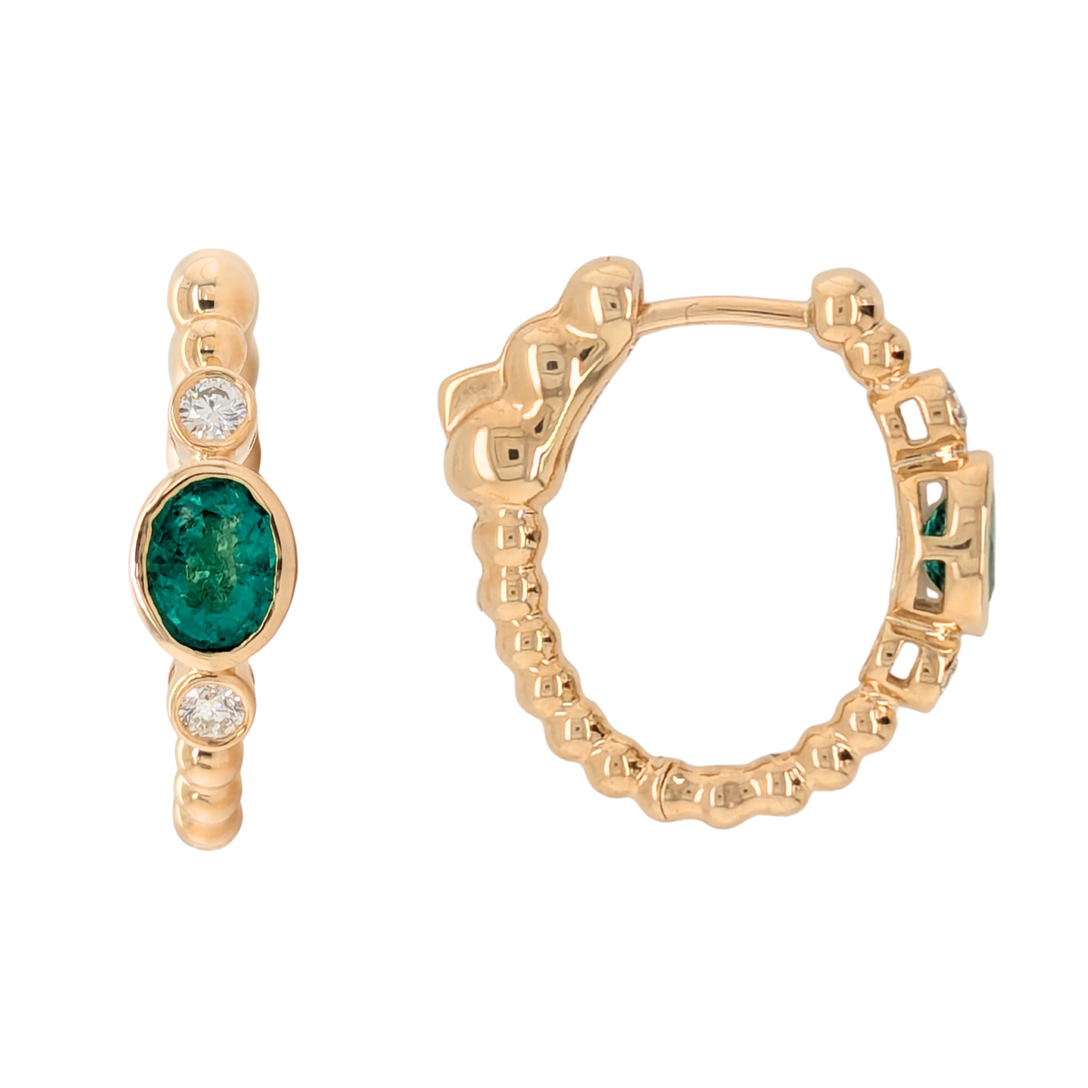 14K Yellow Gold Oval Emerald & Diamond Hoop Earrings