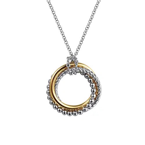 Sterling Silver and 14K Yellow Gold Bujukan Twisted Rope Multi Circle Pendant Necklace